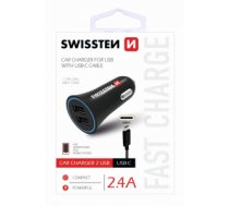 Auto lādētājs Swissten Auto Lādētājs 12 / 24V / 1A + 2.1A + USB-C Datu Kabelis 1m
