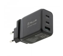 Tīkla lādētājs Tellur GaN 65W 3-port wall charger, 2xUSB-C + USB-A, EU,UK,US, black