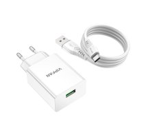 Wall charger VFAN E03, 1x USB, 18W, QC 3.0 + USB-C cable (white)