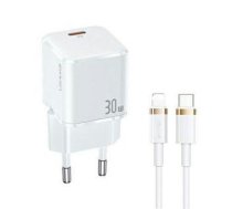 Adapter USAMS  USAMS Ład. siec. 1xUSB-C T45 30W PD3.0 Fast Charging +kabel U63 USB-C/Lightning biały/white UXTZH02 (USAMS-UX)