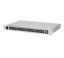 Ubiquiti USW-48-PoE, Layer 2 PoE switch, 32 x GbE PoE+, 16 x GbE ports, 4 x 1G SFP ports, 195W total PoE Power, Fanless, silent cooling, ESD/EMP protection, 1.3" touchscreen LCM display, Rackmount (Kit included)