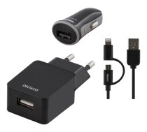 Phone charger DELTACO 240V, 1A & 10-18V auto, 0,45A, lightning, micro, black / USB-ACDC