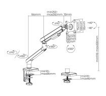 Ergo Office ER-751 Monitor Desk Mount Gas Spring 9kg Adjustable VESA 75x75 100x100 17" - 32" White Silver Clamp Mount Single Arm LED LCD QLED OLED