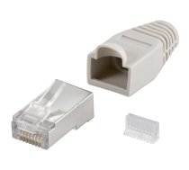 Goobay 68746 RJ45 plug, CAT 5e STP shielded with strain-relief boot, grey | for round cable with Threader cable lead, single packed in 6.4 mm (1 set per polybag) Technical specifications Connections Connection type RJ45 male (8P8C) Connection, contact material gold-plated 3µ Contacting 8 Pin Cable Specification CAT 5e Shielding class STP AWG 26-24 General Consumption Unit 10 pcs. polybag Color grey (68746)