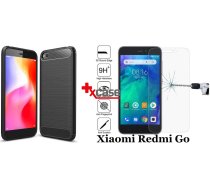 Maciņš Xiaomi Redmi Go Slim Carbon Style Triecienizturīgs Maciņš Apvalks Vāciņš Soma Maks Cover Bampers Melns + Ekrāna Aizsargstikls Screen Protector (Tempered Glass)