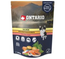 Konservi suņiem : Ontario Dog Salmon with vegetables in broth, 300g x 6 - Pilnvērtīga Super Premium klases mitrā barība ar lasi un dārzeņiem piemērota pieaugušiem suņiem un kucēniem no 2     mēnešiem.