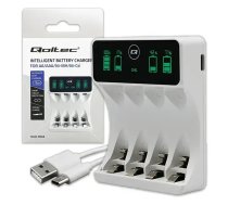 Qoltec Battery Charger for Ni-MH type R03 AAA R6 AA | LCD | USB-C cable | White