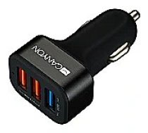 Canyon C-07 Universal 3xUSB car adapter(1 USB with Quick Charger QC3.0),Input 12-24V,Output USB/5V-2.1A+QC3.0/5V-2.4A&9V-2A&12V-1.5A,with Smart IC,black rubber coating+black metal     ring+QC3.0 port with blue/other ports in orange,66*35.2*25.1mm,0.025 CN