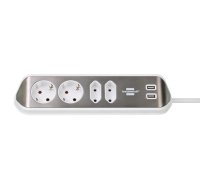 Pagarinātājs ESTILO (stūra) ar 2x USB lādētāju, 2m, 4 rozetes, dzelzs+balts