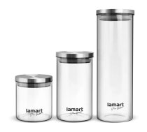 Stikla 3 gab. uzglabāšanas trauku komplekts LAMART LT6025 — 1700/950/650 ml, Ø 9,5 cm, augstumi 31/18/14 cm, nerūsējošā tērauda skrūvējamas vāciņi