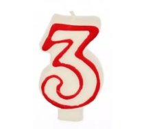 Dzimšanas dienas svece Papstar '3' balta ar sarkanu maliņu, 7.3 cm