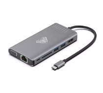 Aula OT-95117 8in1 USB-C uz HDMI 4K 30hz+VGA+USB3.0x2+PD+1000M LAN+SD+3.5mm audio ligzda