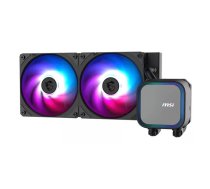 All-in-one šķidruma dzesētājs MSI MAG CORELIQUID A13 240 — 240 mm radiatora, 2×120 mm ventilatori, LGA 1700/AM4/AM5, LED, melns