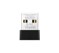 USB Wi‑Fi adapteris MERCUSYS MA14N — USB Type‑A, 2.4 GHz vienjoslu, līdz 287 Mb/s, melns