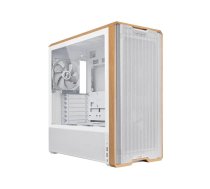 Datora korpuss Lian Li Lancool 217 Midi Tower — balts ar koka apdari, atbalsta ATX/EATX/Micro-ITX, 2×120 mm priekšā, 1×140 mm aizmugurē, 1×3,5" + 8×2,5"