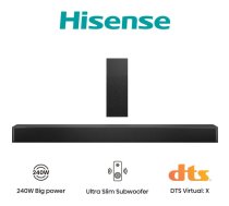 Skaņas josla Hisense HS2100 2.1 kanāli 240 W ar bezvadu aktīvo zemfrekvences skaļruni, DTS Virtual:X un Dolby Digital