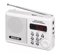 Pārnēsājams FM radio SENCOR SRD 215 W — FM uztvērējs, digitālais displejs, microSD slots, teleskopiskā antena, USB uzlāde, 2W RMS, litija akumulators, balts