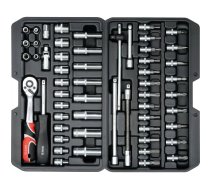 Ligzdas uzgriežņu atslēgu komplekts Yato YT-14501, 56 gab., Cr-V tērauds, hroma apdare, 1/4" (6,3 mm) biti, ciets futrālis