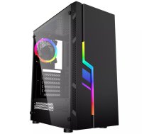 Datora korpuss GEMBIRD Fornax 2000 RGB Midi Tower melns — Micro ATX/ITX/ATX, 1x120 mm aizmugures ventilators, 2×2.5" vietas, 2×USB 3.2 Gen1 Type-A, rūdīts stikls