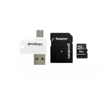 MicroSDHC karte GOODRAM 32GB UHS‑I Class 10 M1A4 ar USB adapteri, ieraksts 10 MB/s, nolasīšana 60–100 MB/s