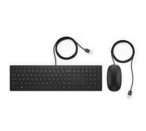 Vadu tastatūras un pele komplekts HP Pavilion 400 — pilna izmēra USB tastatūra ar ciparu bloku, melna, ar vadu peli