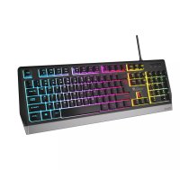 Spēļu tastatūra GENESIS Rhod 300 RGB — pilna izmēra 104 taustiņi, USB Type-A, RGB apgaismojums, pretšļakatu aizsardzība, membrānas slēdži (55 g), QWERTY EN, melna