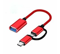 Riff 2in1 OTG Host kabelis Type-C + Micro USB vīriešu savienotājs uz USB Type A, 15.5 cm, melns, sarkans (OEM)