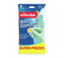 Mājas cimdi VILEDA Extra Sensation zaļi, kokvilna/latekss, izm. M, pastiprinātas pirkstu galotnes, neslīdoši