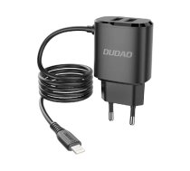 Dudao 2x USB sienas lādētājs ar iebūvētu Lightning 12 W kabeli melns (A2ProL melns)