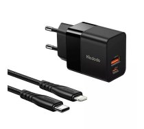 Mcdodo CH-1952 USB + USB-C sienas lādētājs, 20 W + USB-C-uz Lightning kabelis (melns)
