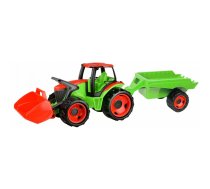 Traktors ar lāpstu un piekabi sarkanzaļā krāsā