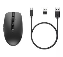 Bezvadu uzlādējamā klusā pele HP 710 — RF + Bluetooth 5.3, 3000 DPI, ambidekstra, 7 pogas, iebūvēta Li‑Ion, melna