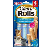 INABA Churu Rolls Vistas gaļas apvalki ar tunci un ķemmīšgliemenēm - kārumi kaķiem - 4x10 g