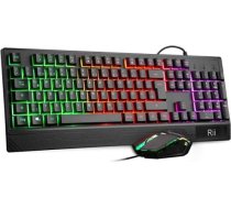 Rii spēļu tastatūras un peles komplekts, pele un tastatūra, RGB aizmugurgaismojuma QWERTZ (DE izkārtojums), varavīksnes krāsas, apgaismota USB ūdensnecaurlaidīga tastatūra un pele ar 3200 DPI Pro PC Gamer