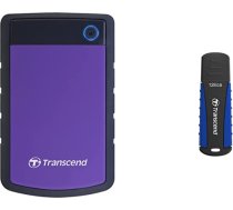 Transcend TS4TSJ25H3P 4 TB pārnēsājams ārējais cietais disks (HDD) purpursarkanā (purpursarkanā krāsā) ar rezerves funkciju un aizsargvāciņu, izturīgu Plug and Play un 128 GB JetFlash 810 USB 3.1 Gen 1 USB stick TS128GJF810 Purple ANEB0B791VYBXT