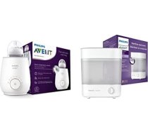 Philips Avent SCF291/00 sterilizators līdz 6 zīdaiņu pudelītēm, knupīšiem un piederumiem, balts un SCF358/00 pudeļu sildītājs ātrai un vienmērīgai piena un bērnu pārtikas uzsildīšanai, balts