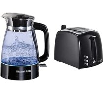 Russell Hobbs Tosters Textures+, 2 īpaši plati grauzdiņu sloti, bulciņu stiprinājums, 850 W, melns 22601-56 un klasisks tējkannas stikla dizains ar LED apgaismojumu (1,7 l, 2400 W) 26080-70