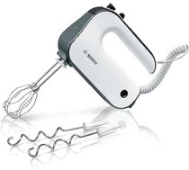 Bosch ErgoMixx MFQ49300 rokas maisītājs, viegls korpuss, rokas mikseris ar putojamo slotiņu un mīklas āķi, kas izgatavots no nerūsējošā tērauda, 5 ātruma līmeņi, elastīgs spirālveida kabelis, spēcīgs 850 vatu motors, balts/melns