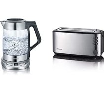 SEVERIN Glas-Tee-/Wasserkocher Deluxe, Mit Temperaturregler (Für 1,7 L Wasser/1,5 L Tee, aptuveni 3 000 W) Edelstahl/schwarz & AT 2509 Automatik-Toaster (1,400 W, 2 Langschlitzkammern) Edelstahl/schwar