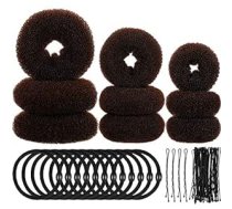 Willbond Iepakojumā 9 donut Hair Bun Maker Formas putu sūklis Donut Bun Gredzenu stila komplekts ar 12 daļām matu gumijas saitēm un 32 daļām matu sprādzēm meitenēm (brūns)