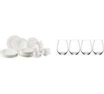 Vivo by Villeroy and Boch Group Basic White Combination Set, 30 gab., 750 ml, Premium Porcelain & Ovid ūdens glāžu komplekts, 4 gab., 420 ml, glāzes aukstiem dzērieniem, kristāla stikls, mazgājams trauku mazgājamajā mašīnā