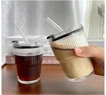 Lioong 2 Pack Crystal Glass Stripes kafijas krūzes ar vāku un salmiņu dzeršanas pudeles Mason Jar Ledus dzesēta Latte ūdens sulas dzeramā kauss 450ml