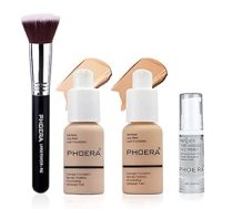 Abrus ® - Phoera Full Coverage Foundation grima komplekts - Ietver 2 x 30 ml matētu tonālo krēmu, 6 ml sejas tonālo krēmu un plakanu Kabuki otu ērtai uzklāšanai (102 ādas krāsas un 104 pulēšanas bēši)