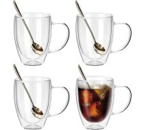 JNSMFC dubultsienu stikla kafijas krūzes ar 4 karotēm, 350 ml 4 izolētu stikla kafijas tasīšu komplekts ar rokturi, caurspīdīgas kafijas krūzes kapučīno, espresso, latte, tējai, karstumizturīgas glāzes dzeršanai ANEB0BDM44K6ZT
