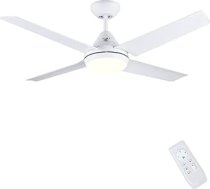 Newday griestu ventilators ar apgaismojumu un tālvadības pulti, kluss, 122 cm griestu ventilators ar gaismu, LED lampa, balts, griestu ventilatori ar apgaismojumu, regulējams ar 4 lāpstiņām guļamistabai, viesistaba
