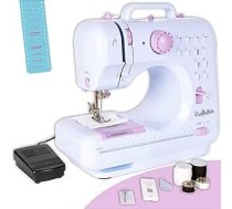 Crafts&Co® šujmašīna iesācējiem | Mini šujmašīna ar kājas pedāli | Bērnu šujmašīna Iebūvēta LED gaisma | Ietver 12 iebūvētas šuves | Balta/violeta