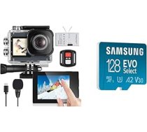 icefox Action Cam 4K zemūdens kamera, pelēka un Samsung EVO Select microSD atmiņas karte (MB-ME128KA/EU), 128 GB, UHS-I U3, Full HD, 130 MB/s lasīšana, viedtālrunim un planšetdatoram, iekļauts SD adapteris ANEB0BX32T752T
