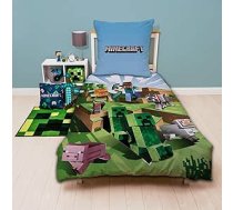 Rakstzīmju pasaule Minecraft 135 x 200 cm + 80 x 80 cm 100 % kokvilnas apgriežamā segas pārvalka komplekts, Green Craft Blocks TNT un Pickaxe Battle