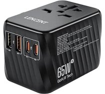 LENCENT starptautiskais ceļojumu adapteris, 65 W GaN3 universālais adapteris ar 2 PD3.0 Type C+2 QC USB A, visā pasaulē pieejams strāvas adapteris, viss vienā ceļojumu spraudnis ES/ASV/AK/AU ligzdām, melns