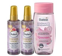 Balea komplekts no 3 matu kopšanai: Matu smaržas Oriental Magic dabiskam spīdumam ar elegantu austrumu aromātu bez silikona (2 x 100 ml) + šampūns Beauty Secrets rožu ūdens (250 ml) 450 ml